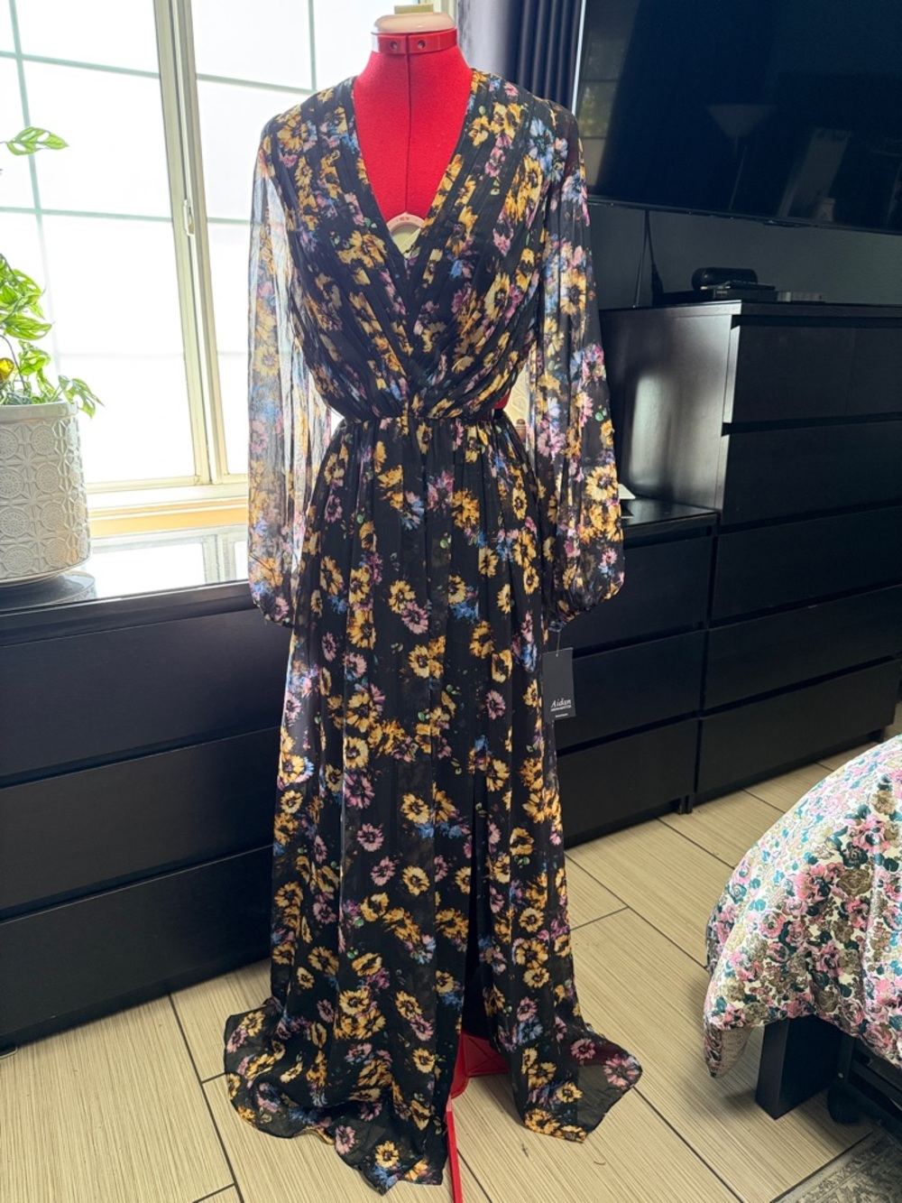 Aidan Mattox Black Floral Wrap Maxi Dress with Yellow & Purple Flowers